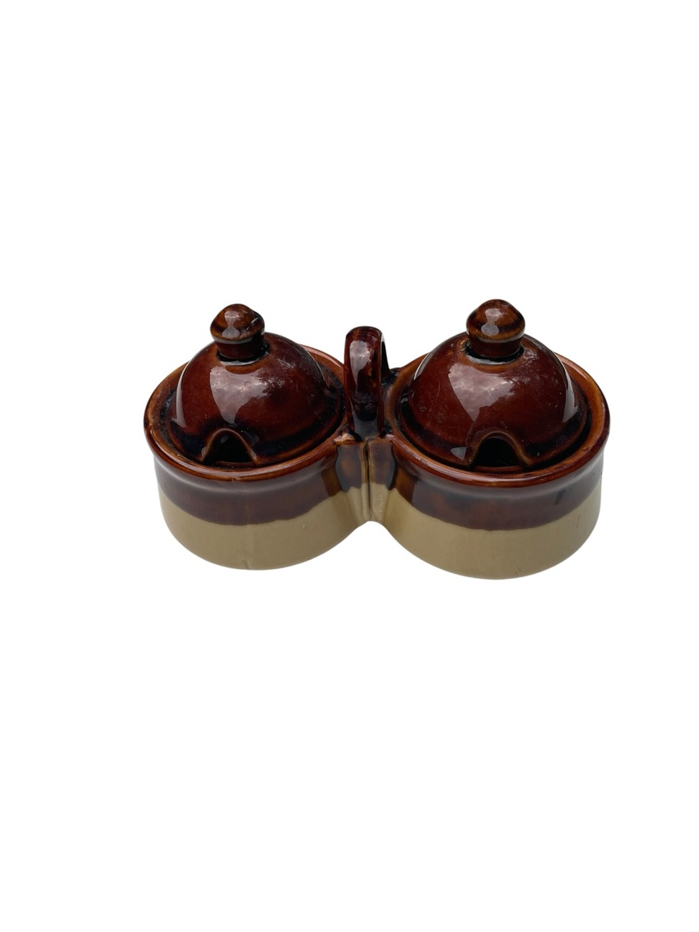 Glazed Double Ceramic Condiment Server in Brown and Beige